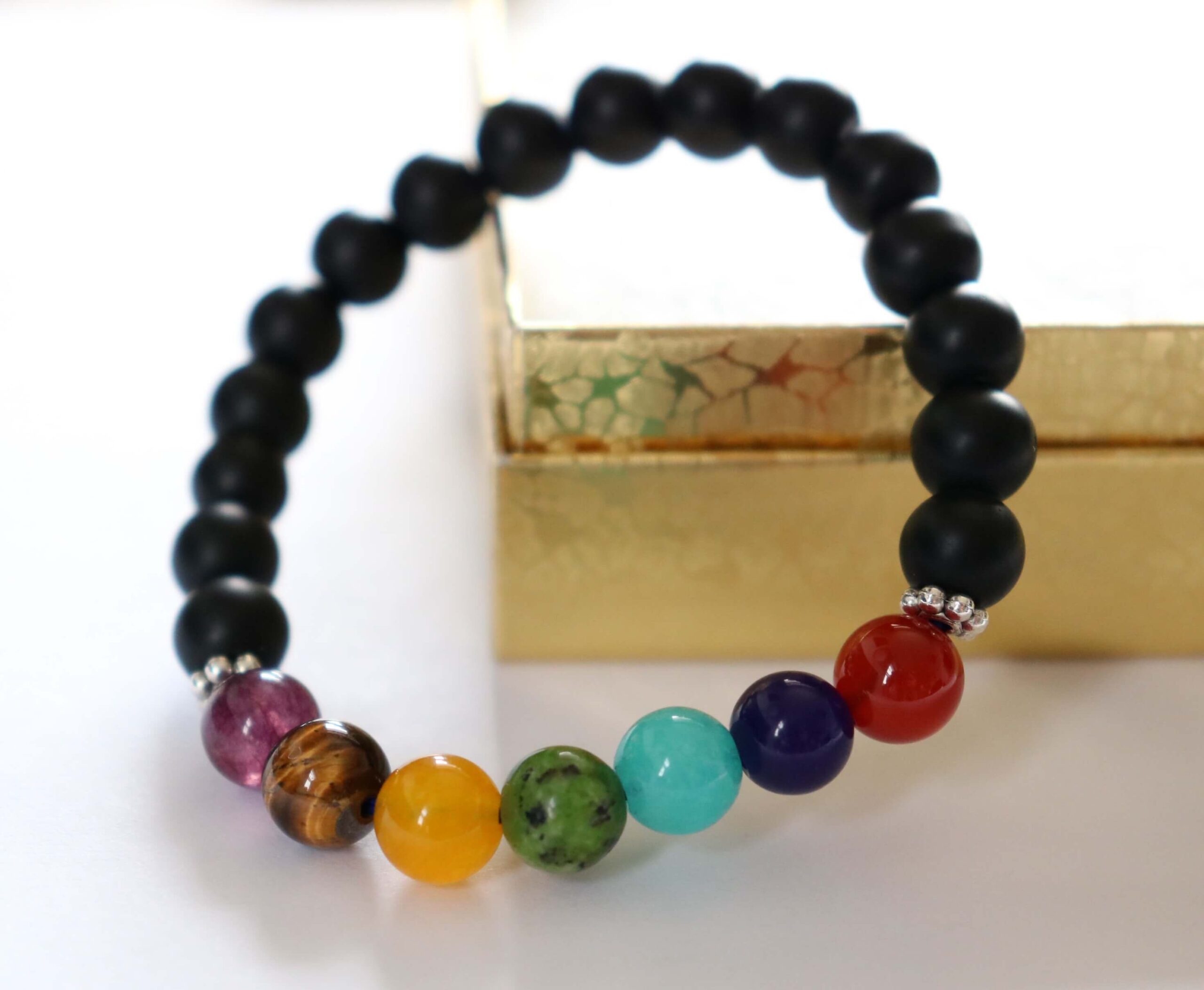 Black lava seven chakra stretchable bracelet