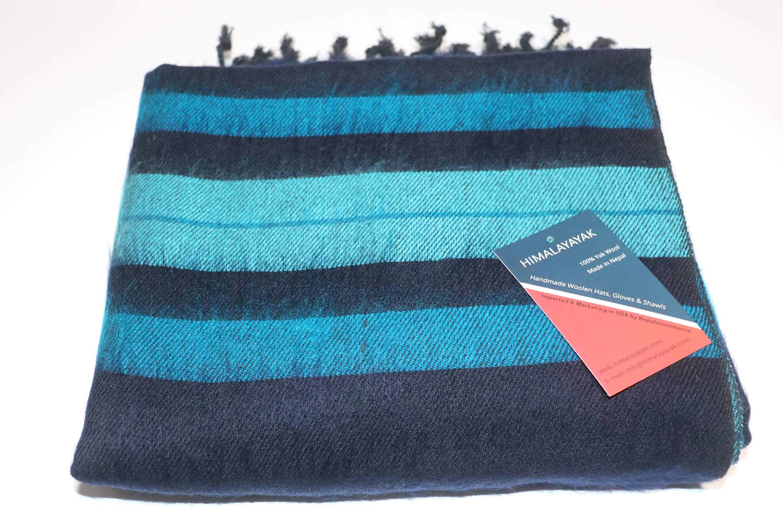 Himalayan Yak Wool Winter Shawl Wrap - Blue Black stripe