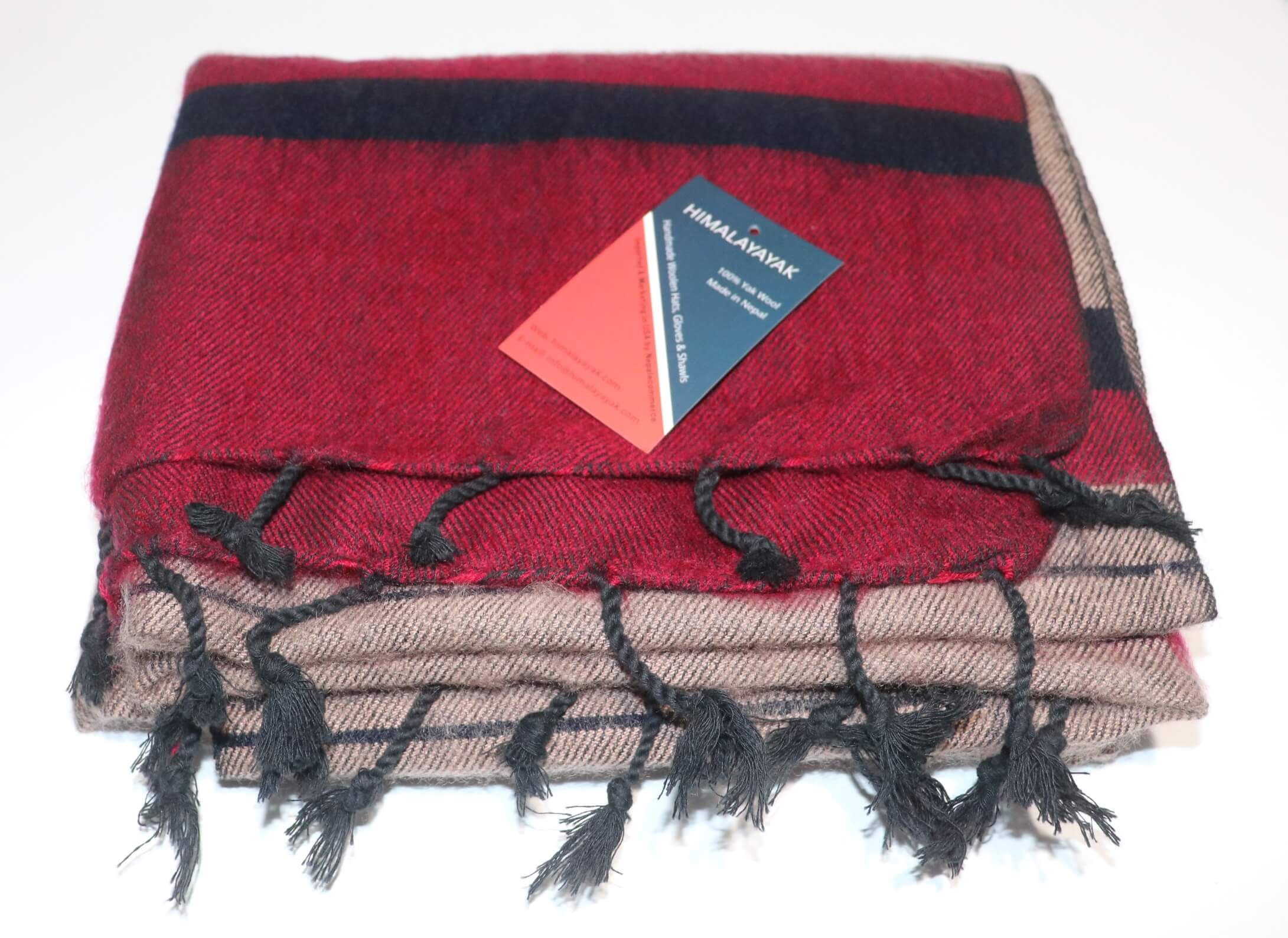 Himalayan Yak Wool Winter Shawl - Maroon Stripe
